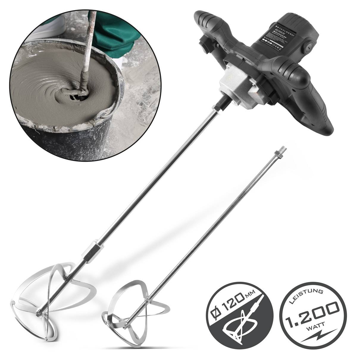 Ein robuster elektrischer Mischer mit doppelten Paddeln, gezeigt beim Mischen von Beton. Zu den Merkmalen gehören eine Leistung von 1200 Watt und ein Paddeldurchmesser von 120 mm.