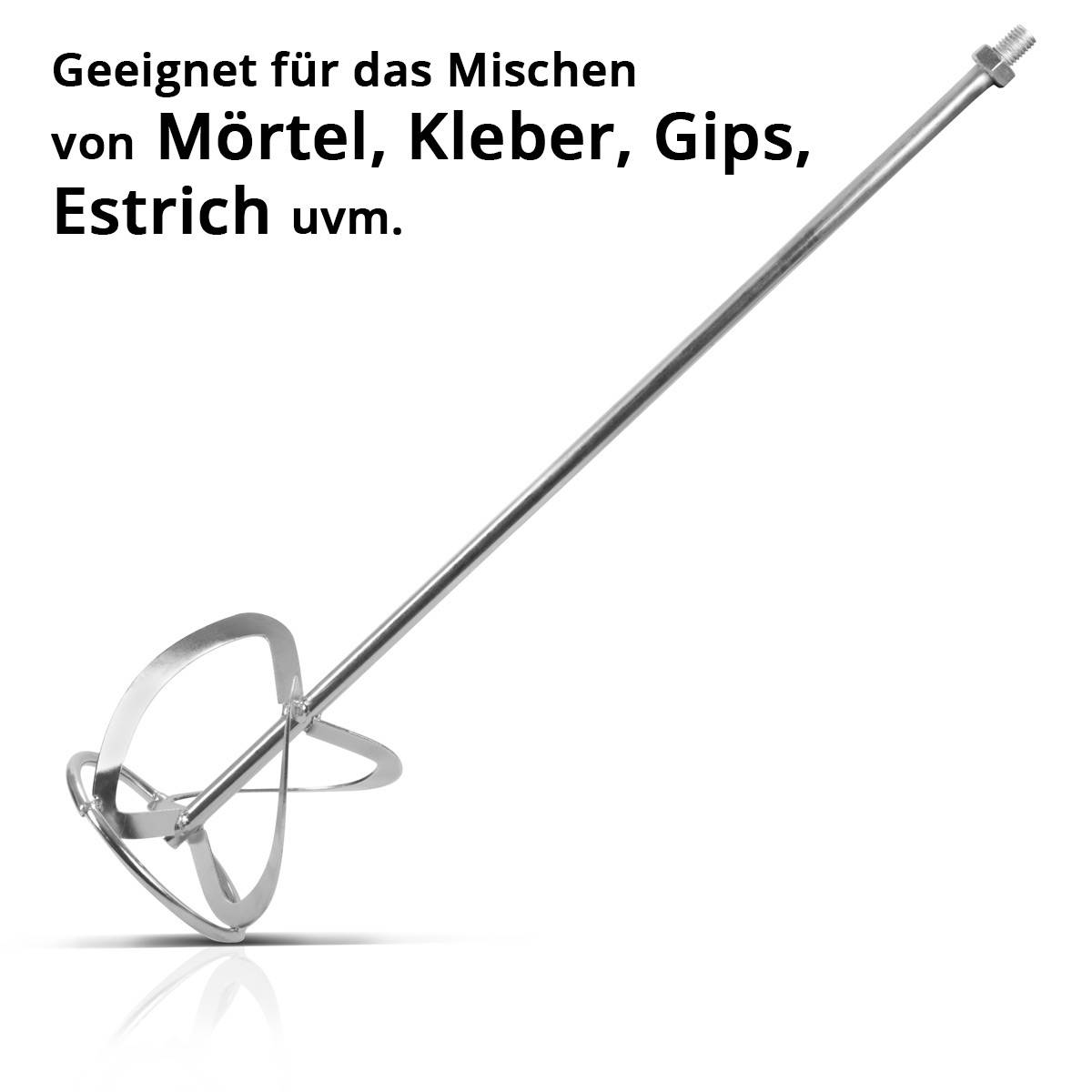 Eine lange Metallmischdüse wird gezeigt. Der Text lautet: 'Geeignet zum Mischen von Mörtel, Kleber, Gips, Estrich und vielem mehr.