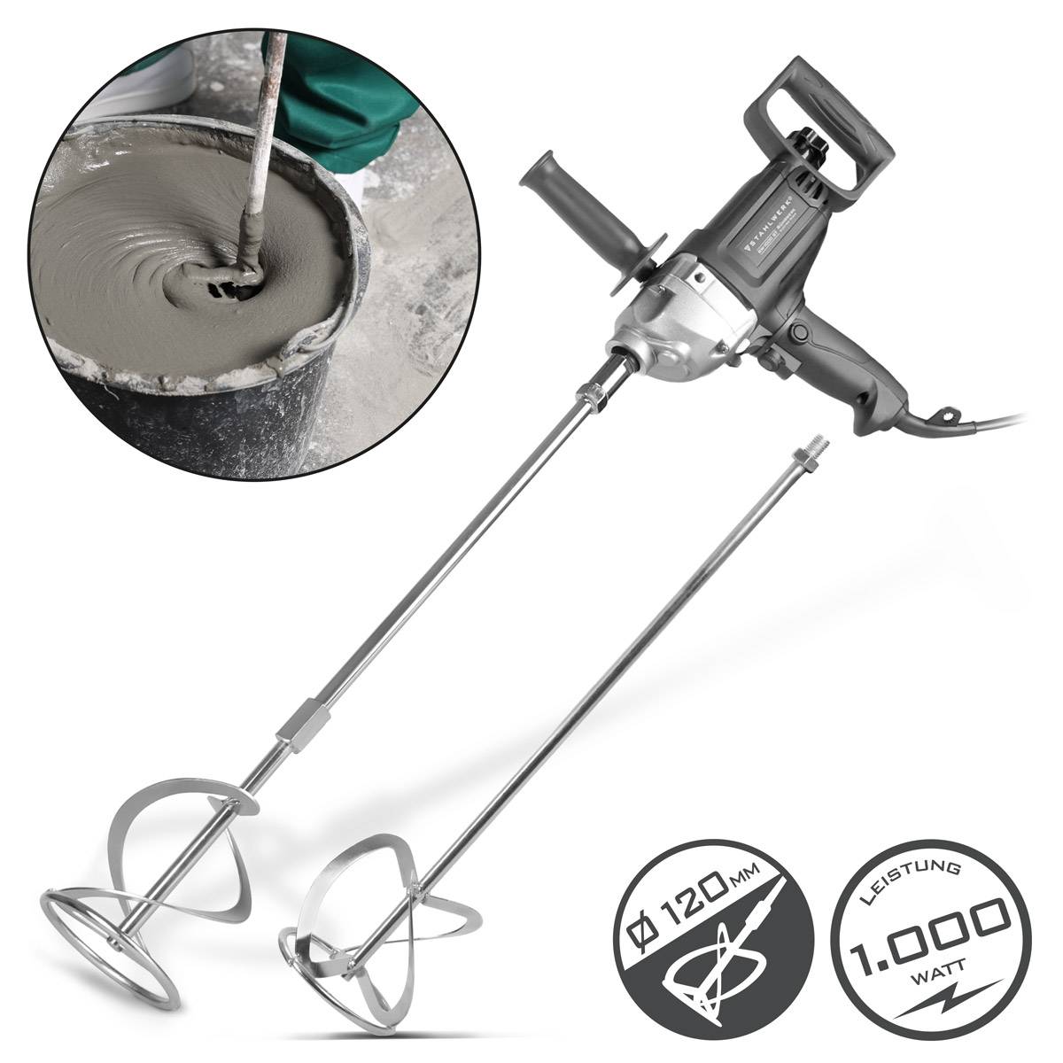 Ein tragbarer Elektromischer mit Doppelschaufeln wird gezeigt, der zum Mischen von Stoffen wie Zement ausgelegt ist. Einschubild: der Mischer in Aktion mit Zement.