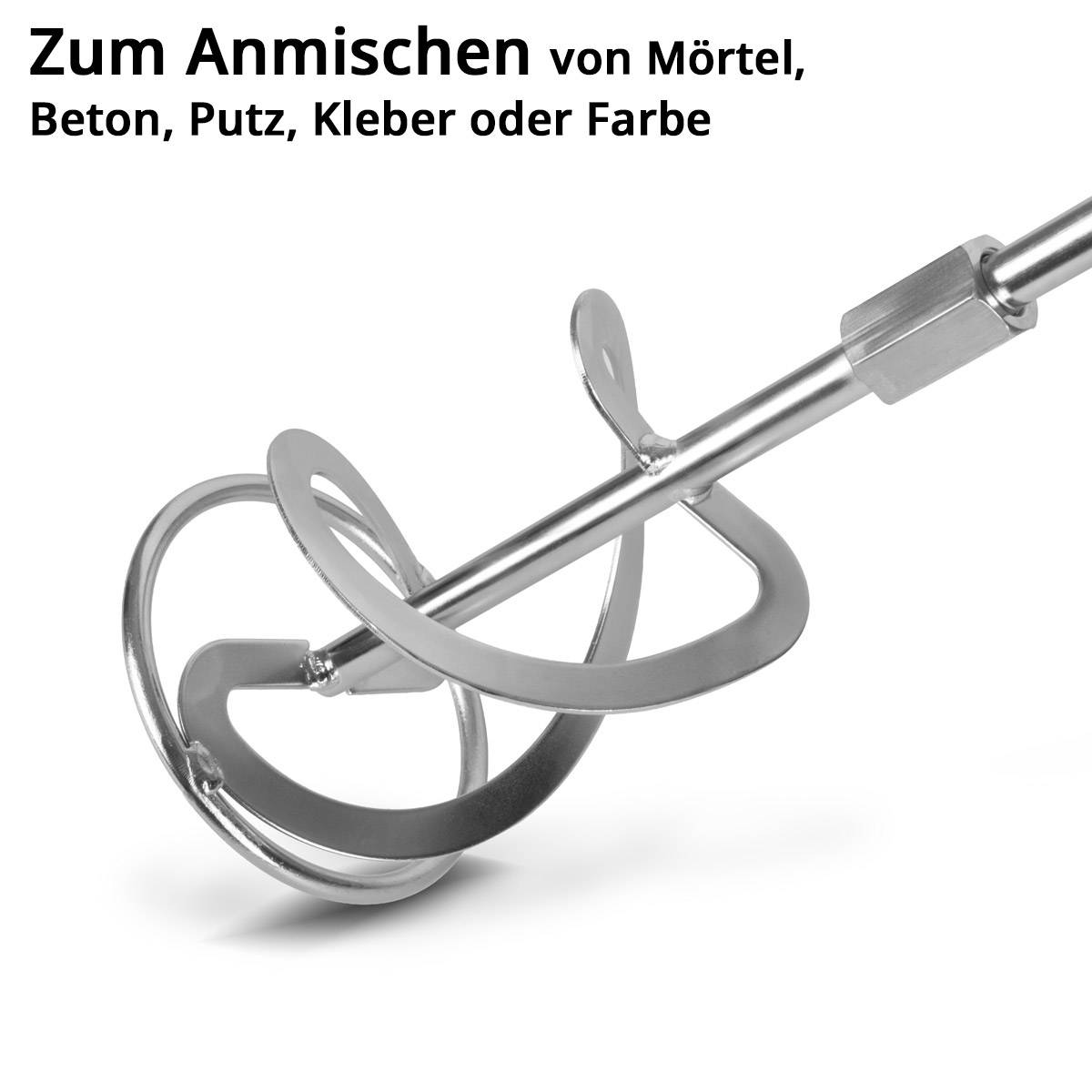 Ein Metallmischeransatz für Bohrmaschinen, der zum Mischen von Mörtel, Beton, Putz, Klebstoff oder Farbe verwendet wird, wie durch den obigen Text angegeben.