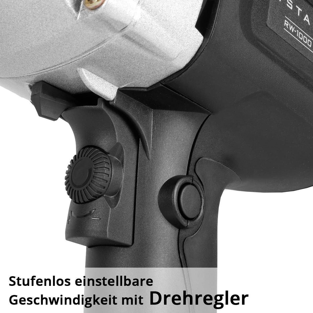 Eine Nahaufnahme eines Werkzeugs mit einem einstellbaren Regler mit der Beschriftung „Stufenlos einstellbare Geschwindigkeitsregelung mit Drehregler