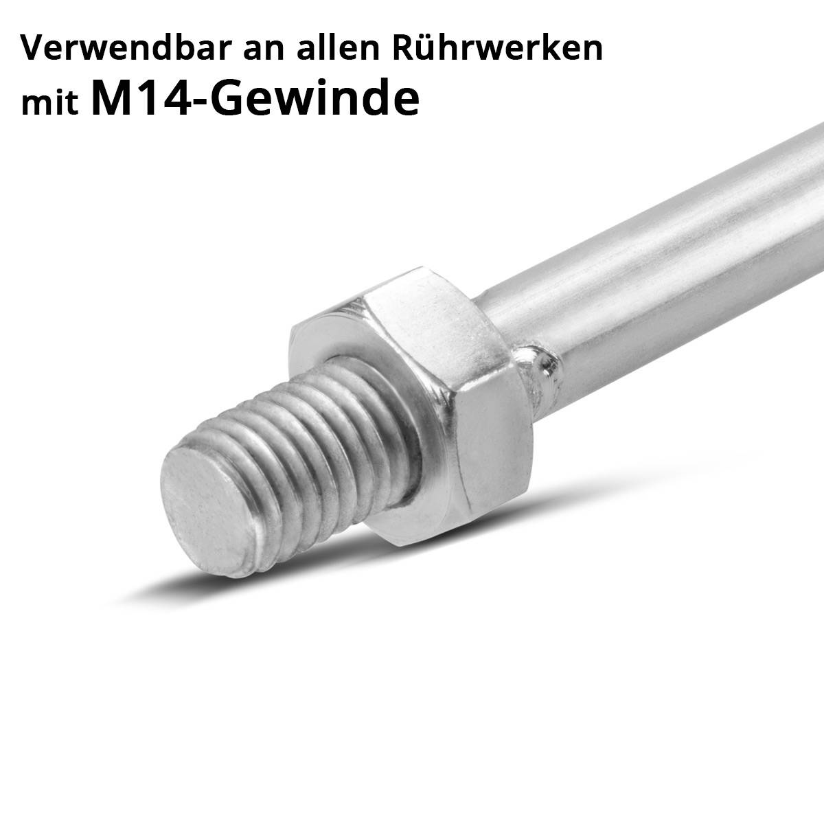 Ein Metallstab mit gewindedem Ende und sechskantiger Mutter, gekennzeichnet für die Verwendung mit allen Mixern mit M14-Gewinde.