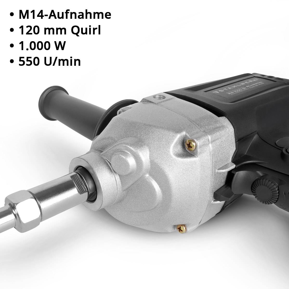 Elektrische Bohrmaschine mit M14-Befestigung, 120-mm-Quirl, 1.000 W Leistung und 550 U/min Drehzahl; schwarzer Griff und Metallgehäuse.