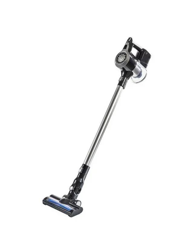 Ein kabelloses Staubsaugergerät mit schlankem Metallgriff und abnehmbarem Staubbehälter, konzipiert für einfache Handhabung und Reinigung.