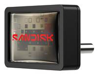 SanDisk Mikrochip mit einer reflektierenden Oberfläche und Gittermustern, mit dem SanDisk-Logo in Rot auf der Vorderseite.