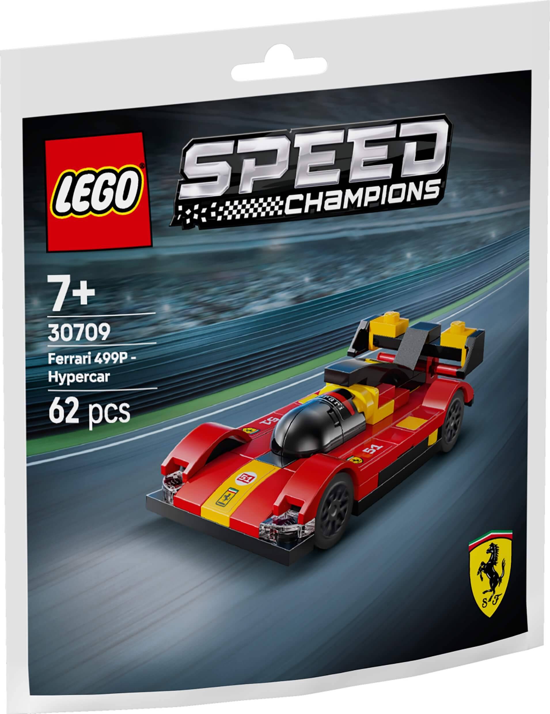Eine Schachtel mit einem LEGO Speed Champions Ferrari 499P Hypercar Set für Kinder ab 7 Jahren mit 62 Teilen. Das Bild zeigt das zusammengebaute rote Modellauto.