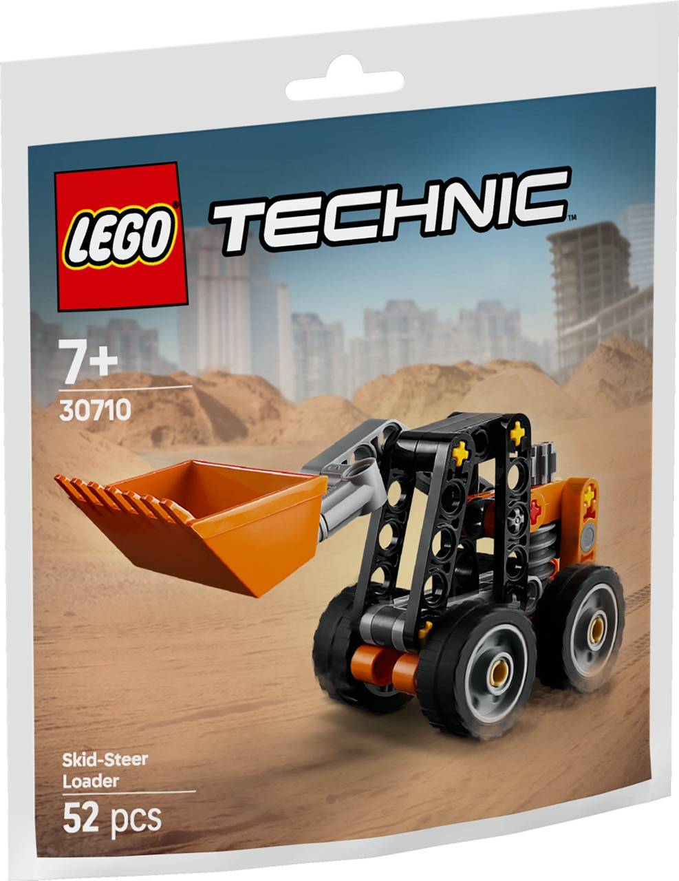 Ein Lego Technic Radlader-Spielzeug für Kinder ab 7 Jahren, Modellnummer 30710, vor einem Baustellen-Hintergrund dargestellt.