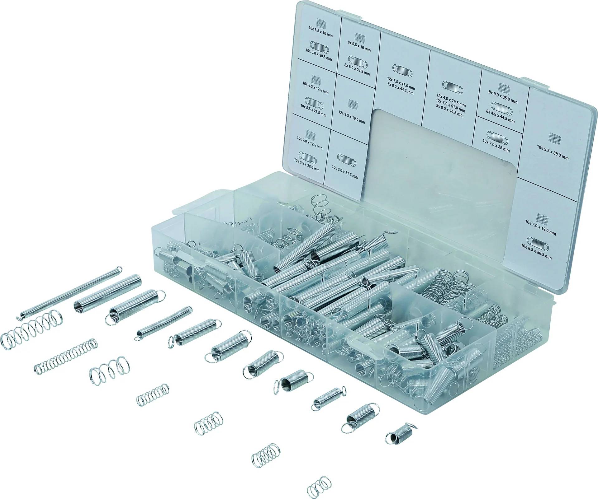 Eine Kunststoff-Organizer-Box mit sortierten Metall-Zug- und Druckfedern in verschiedenen Größen, wobei mehrere Federn außerhalb der Box angezeigt werden.
