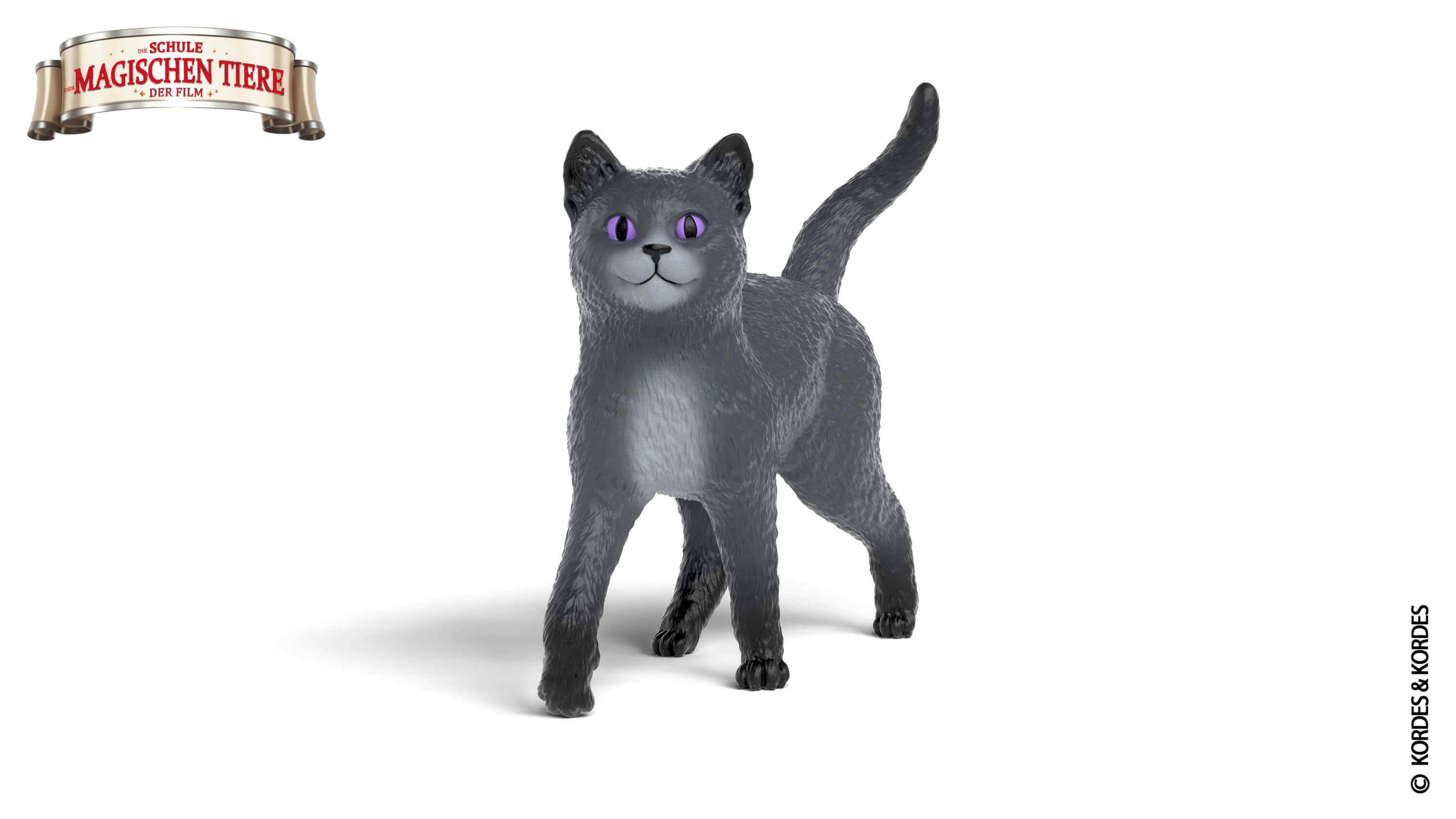 Eine 3D-gerenderte graue Katze mit leuchtenden Augen, auf allen Vieren stehend, Schwanz erhoben. Die Katze wirkt lebensecht mit einem freundlichen Gesichtsausdruck.