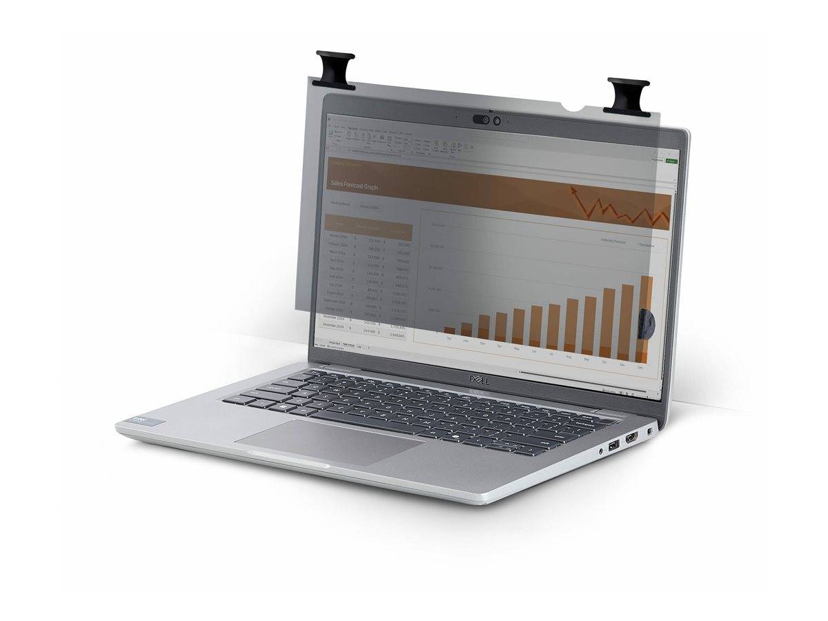 Ein silberner Laptop, auf dessen Bildschirm ein Balkendiagramm angezeigt wird, teilweise durch einen Datenschutz-Displayfilter abgedeckt, der Seitenansichten verhindert.