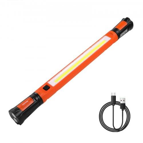 Eine orange tragbare Arbeitsleuchte mit LED-Streifen und Taschenlampenende, USB-Ladeanschluss, Ein-/Aus-Schalter und USB-Ladekabel.