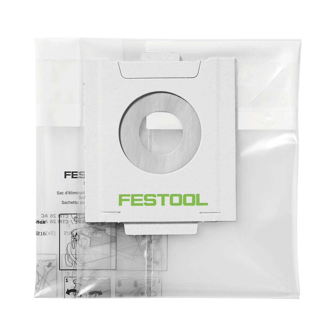 Staubbeutel für Festool-Staubsauger mit Festool-Logo in Grün auf einem weißen Beutel. Wird zum Sammeln von Staub und Verschmutzung verwendet.