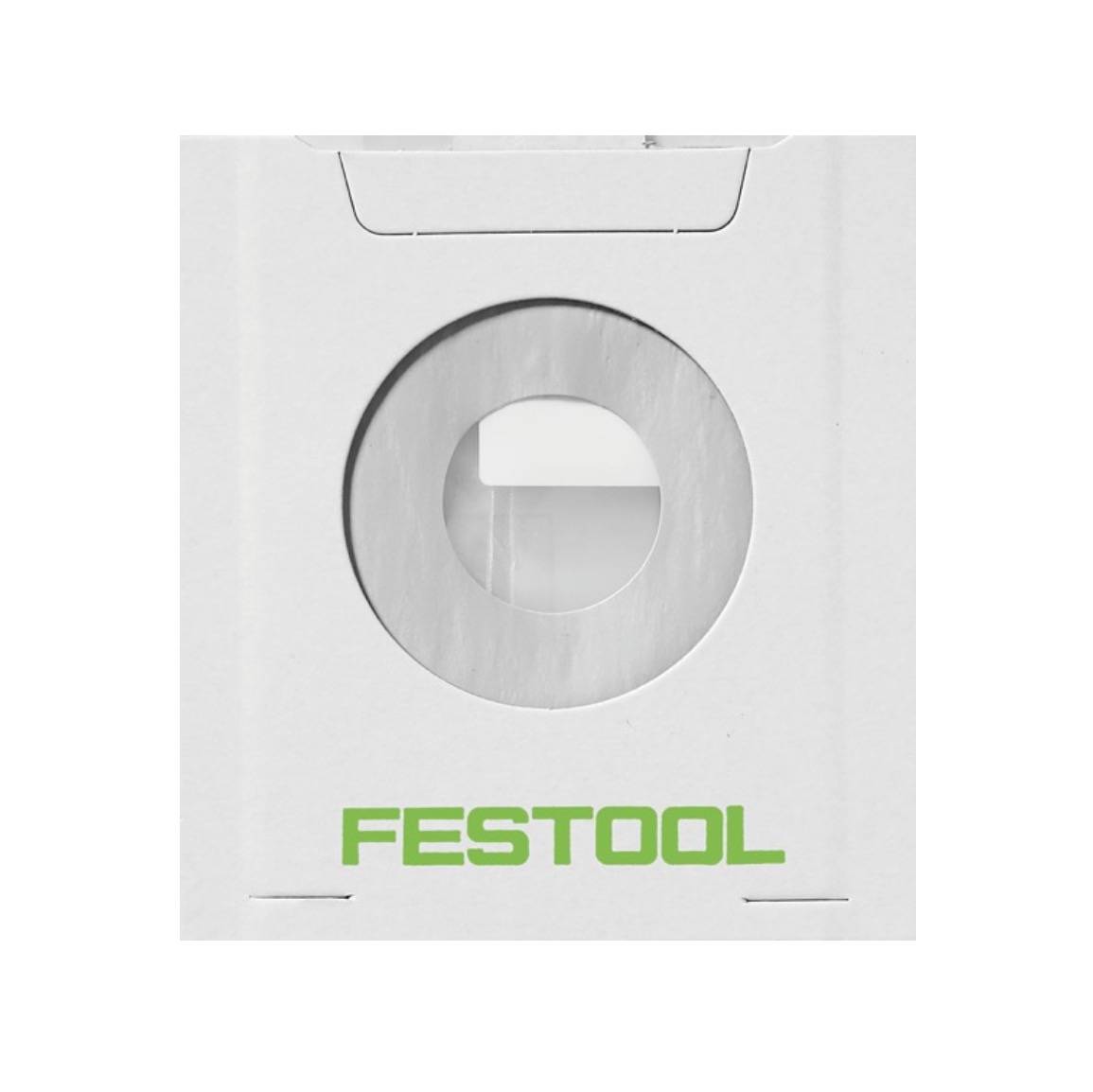 Eine weiße Staubsaugertasche mit einer kreisförmigen Öffnung in der Mitte, unten mit der Aufschrift „Festool