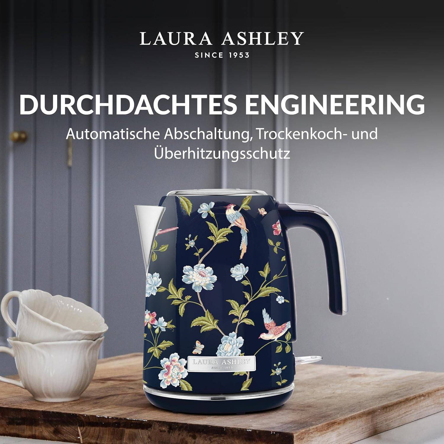 Laura Ashley Wasserkocher – 1,7 l, 2200 W, beleuchtetes Display, kabellos, 360° drehbarer Sockel, Trockengehschutz – Elveden Marine Design by VQ