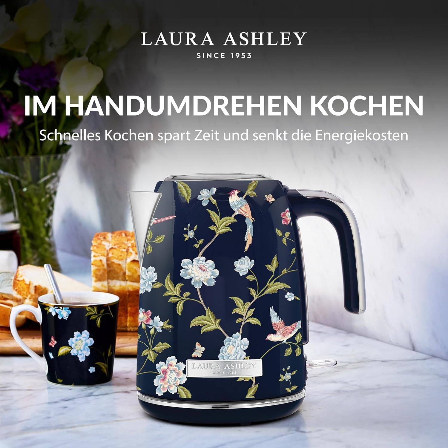 Laura Ashley Wasserkocher – 1,7 l, 2200 W, beleuchtetes Display, kabellos, 360° drehbarer Sockel, Trockengehschutz – Elveden Marine Design by VQ
