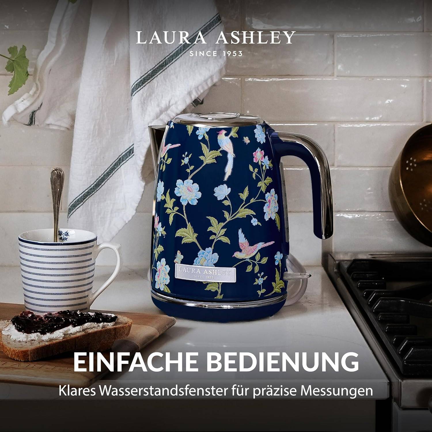 Laura Ashley Wasserkocher – 1,7 l, 2200 W, beleuchtetes Display, kabellos, 360° drehbarer Sockel, Trockengehschutz – Elveden Marine Design by VQ