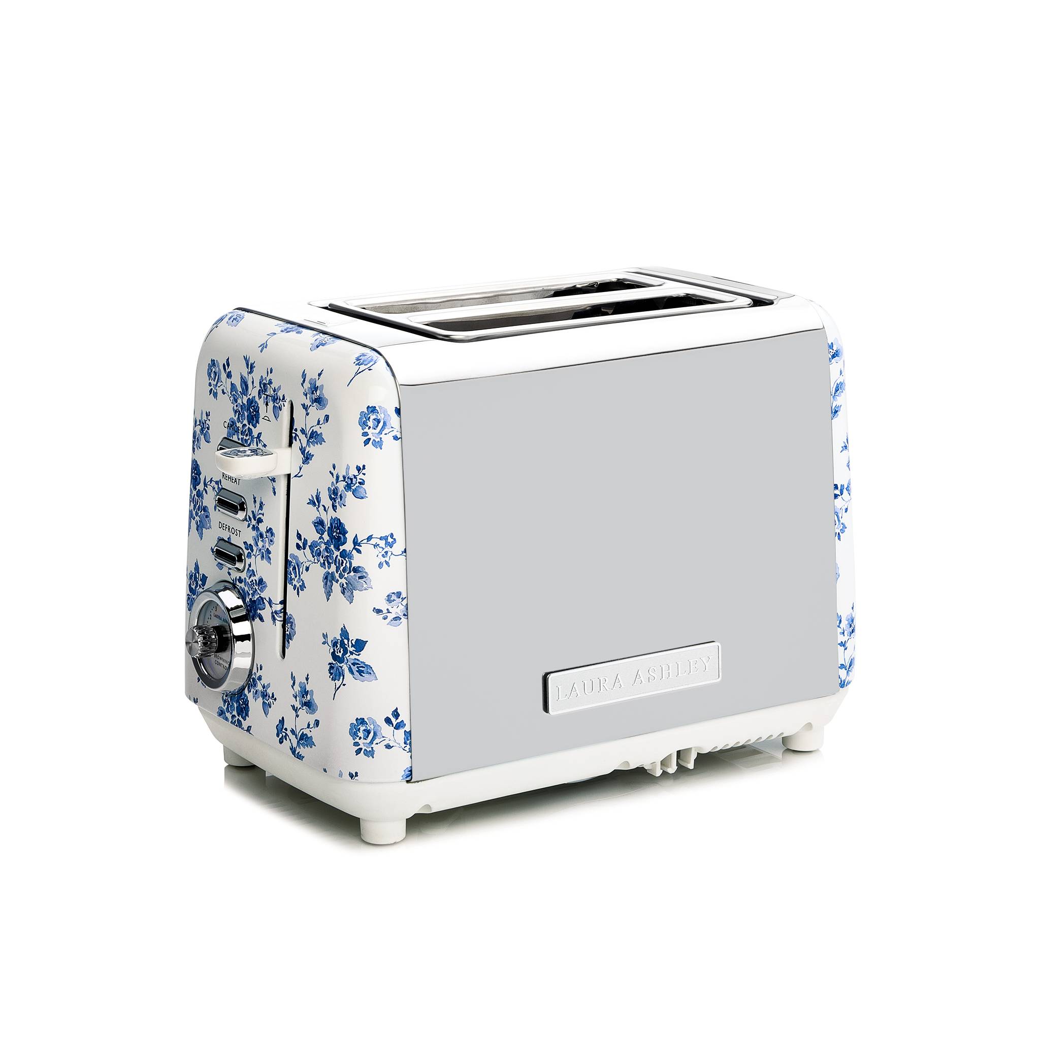 Ein weißer Toaster mit blauen Blumenmustern an den Seiten, ausgestattet mit zwei Schlitzen für Brot und einem Drehregler zum Einstellen der Funktionen.