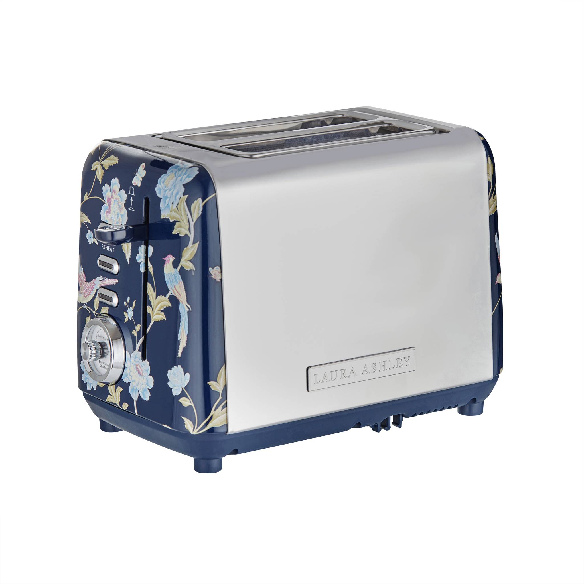 Ein Toaster mit Blumenmuster, marineblauen Akzenten und silberner Oberfläche. Enthält ein Drehregler und ist auf der Seitenfläche mit 