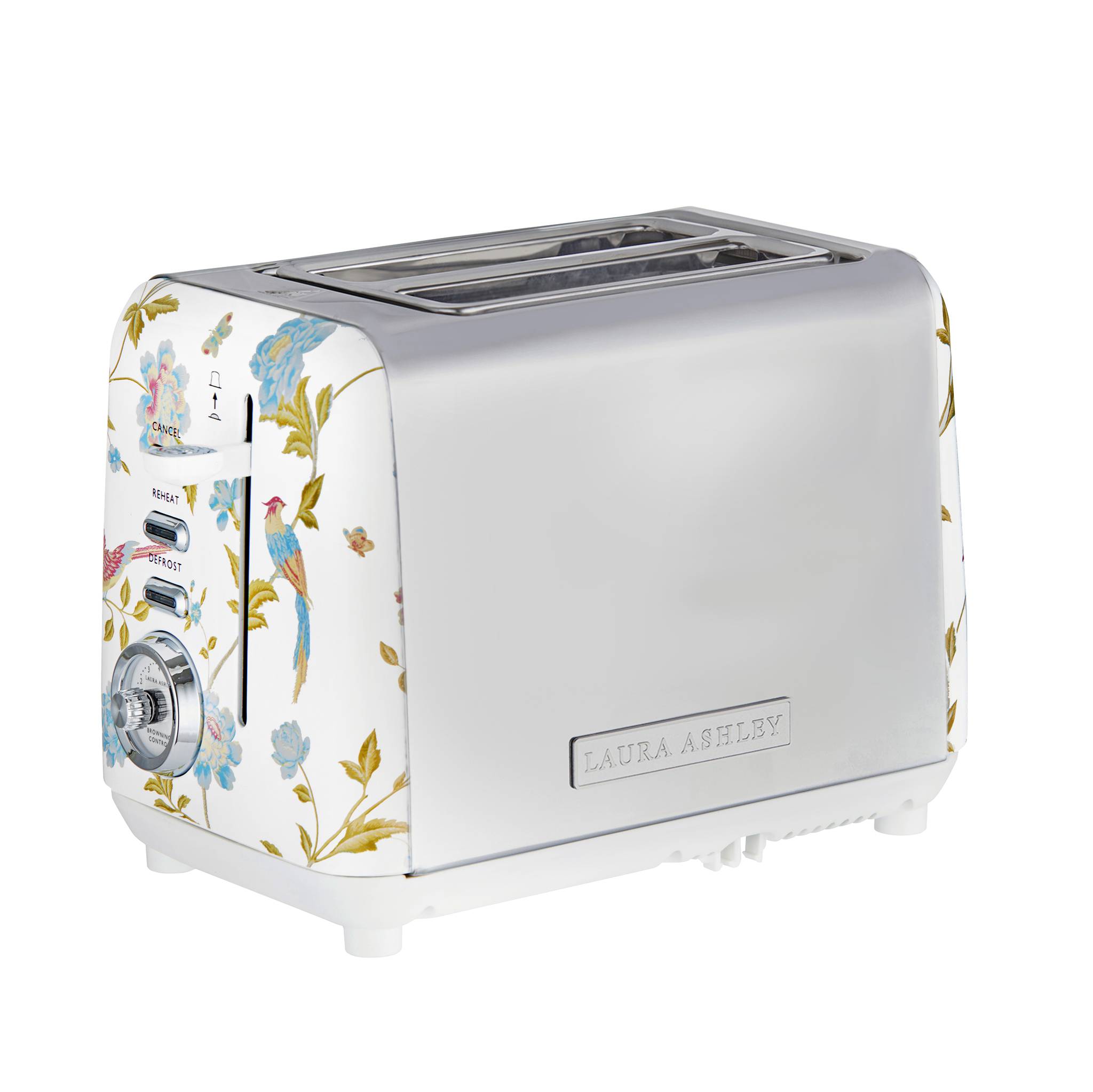 Ein silberner Toaster mit floralen Mustern, auf deren Seite Vögel und Blumen dargestellt sind. Die Marke „Laura Ashley