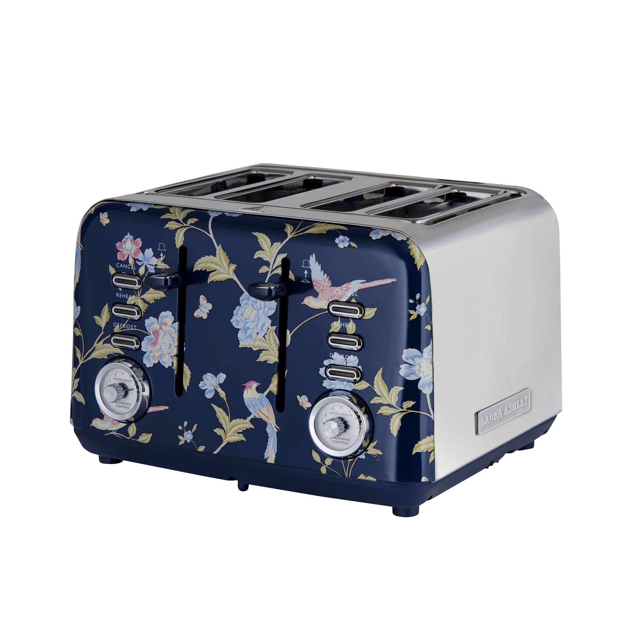 Ein dekorativer Vier-Scheiben-Toaster mit einem Blumen- und Vogeldesign auf dunkelblauem Hintergrund, ausgestattet mit Chromreglern und Hebeln.