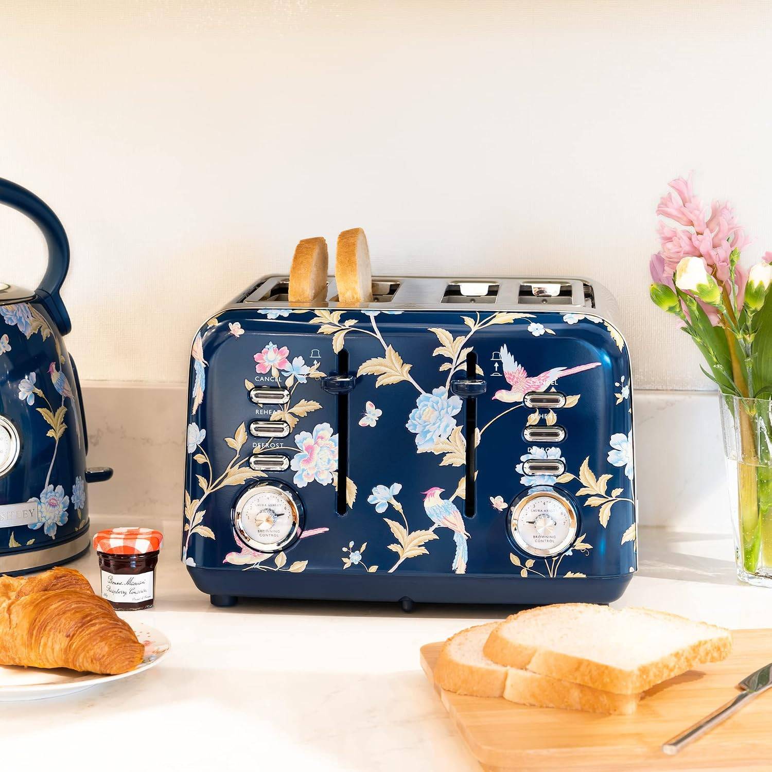 Laura Ashley – 4-Scheiben-Toaster, 7 Stufen, Brötchenaufsatz, Auftaufunktion, einstellbarer Bräunungsgrad – Elveden Marine Design by VQ