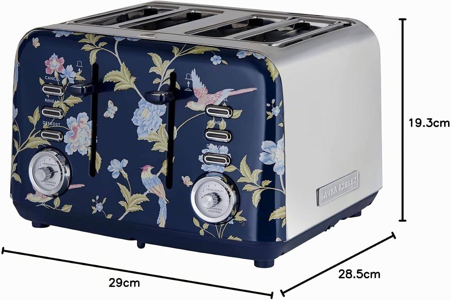 Laura Ashley – 4-Scheiben-Toaster, 7 Stufen, Brötchenaufsatz, Auftaufunktion, einstellbarer Bräunungsgrad – Elveden Marine Design by VQ