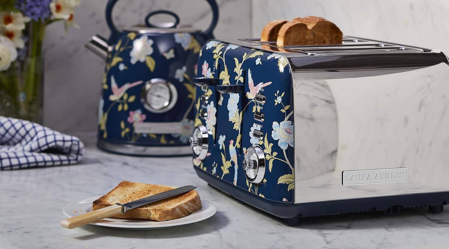 Laura Ashley – 4-Scheiben-Toaster, 7 Stufen, Brötchenaufsatz, Auftaufunktion, einstellbarer Bräunungsgrad – Elveden Marine Design by VQ