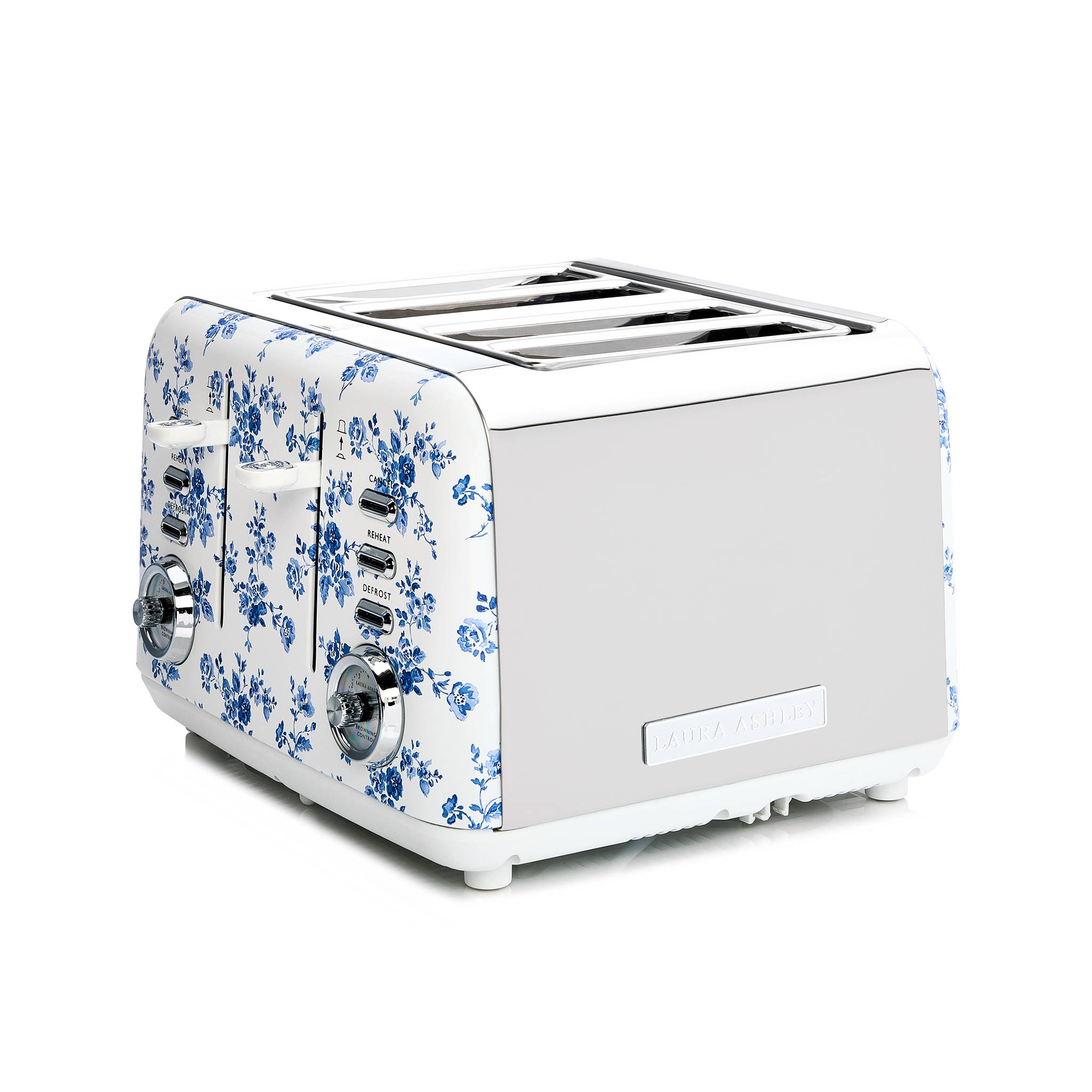 „Ein vierschlitziger Toaster mit Blumenmuster und Edelstahlakzenten, ausgestattet mit mehreren Reglern und einem eleganten modernen Design.