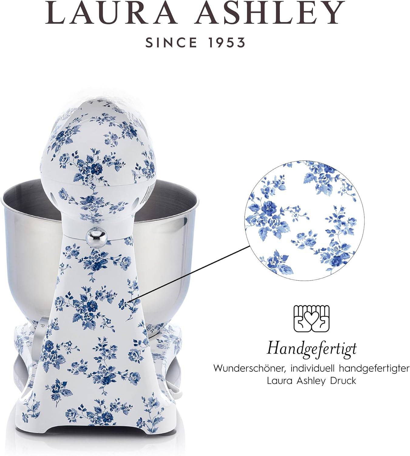 Laura Ashley Standmixer, 1800 W, 6 Geschwindigkeiten, 6 l Edelstahlschüssel, Mixer, Knethaken, Schneebesen, transparenter Spritzschutz – China Rose