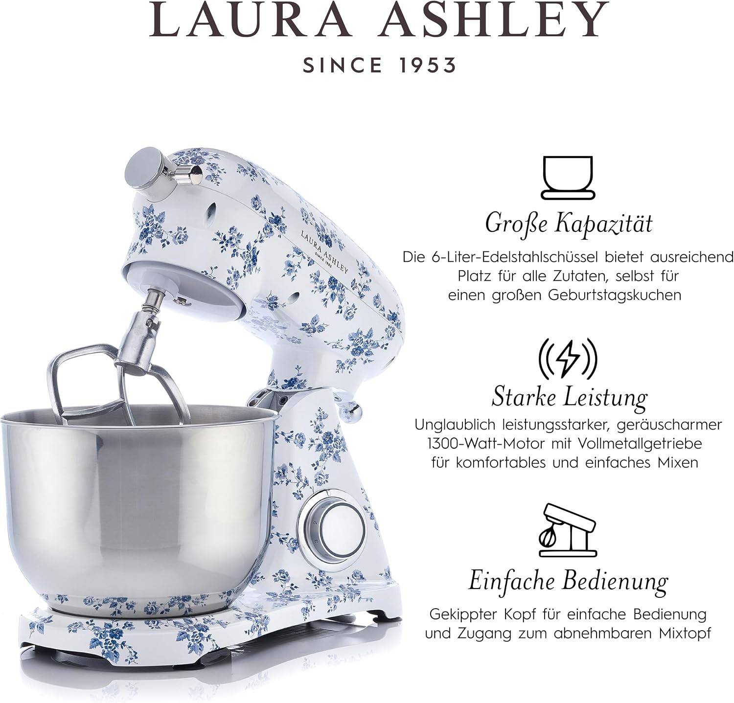 Laura Ashley Standmixer, 1800 W, 6 Geschwindigkeiten, 6 l Edelstahlschüssel, Mixer, Knethaken, Schneebesen, transparenter Spritzschutz – China Rose
