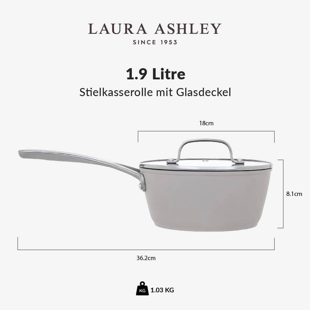 Laura Ashley Aluminium-Kochtopf (18 cm) mit Antihaftbeschichtung & Glasdeckel – PFOA-frei, induktionsgeeignet, Dark Dove Grey (Pendeford)
