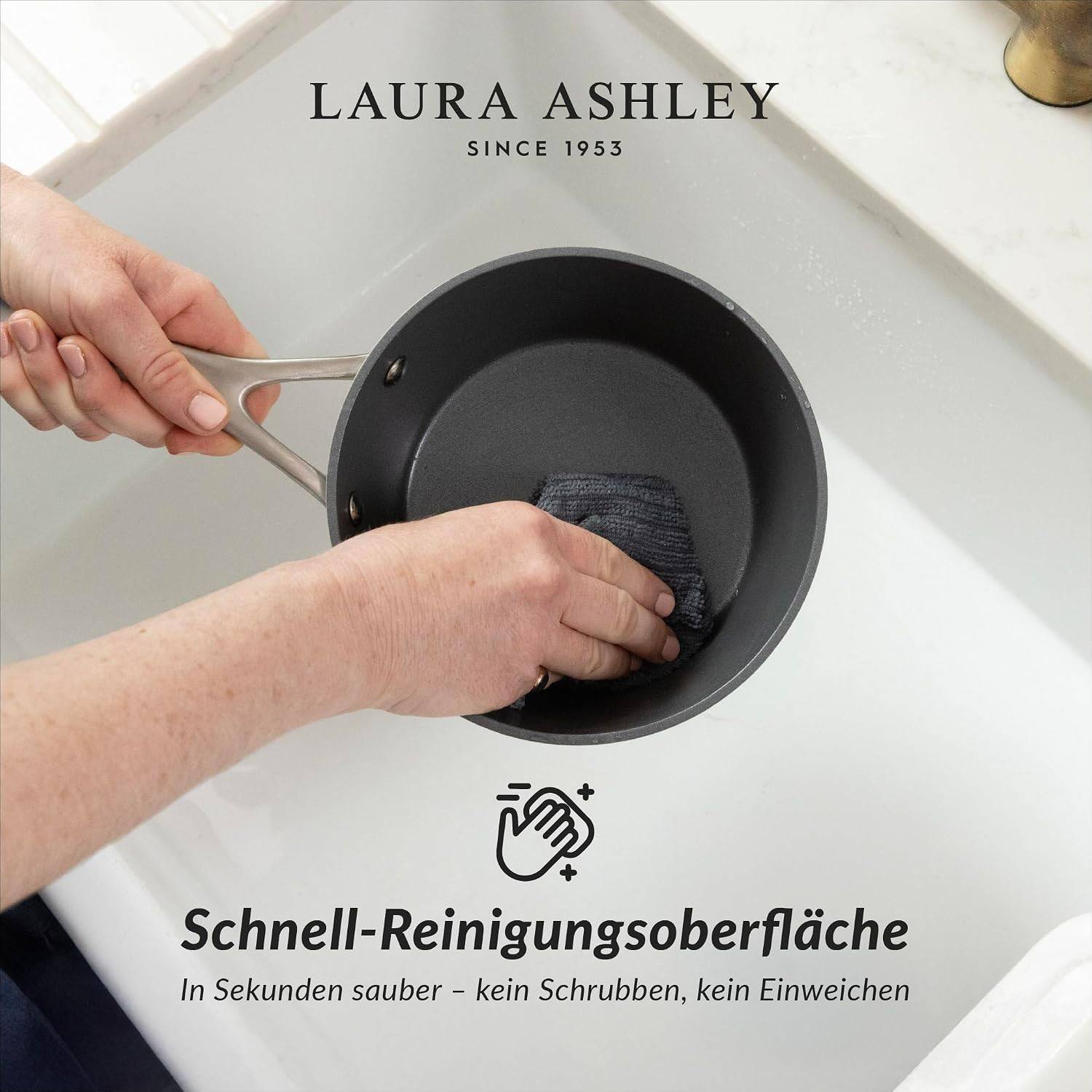 Laura Ashley Aluminium-Kochtopf (18 cm) mit Antihaftbeschichtung & Glasdeckel – PFOA-frei, induktionsgeeignet, Dark Dove Grey (Pendeford)