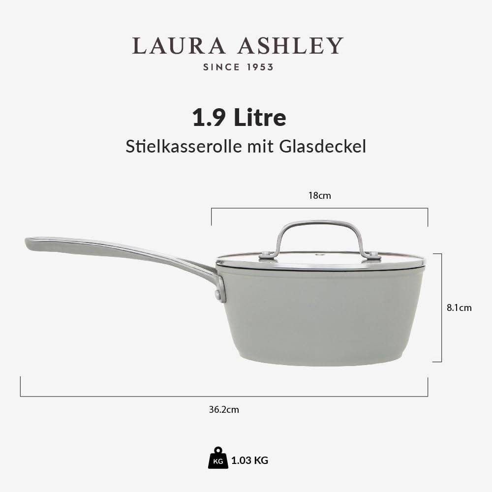 Laura Ashley Aluminium-Kochtopf (18 cm) mit Antihaftbeschichtung & Glasdeckel – PFOA-frei, induktionsgeeignet, Sage Leaf (Pendeford)
