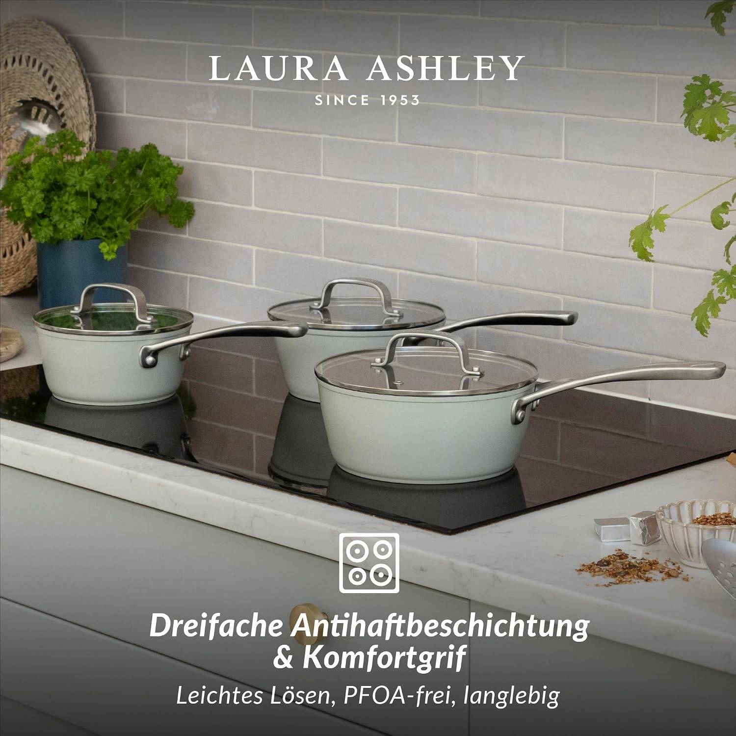 Laura Ashley Aluminium-Kochtopf (18 cm) mit Antihaftbeschichtung & Glasdeckel – PFOA-frei, induktionsgeeignet, Sage Leaf (Pendeford)
