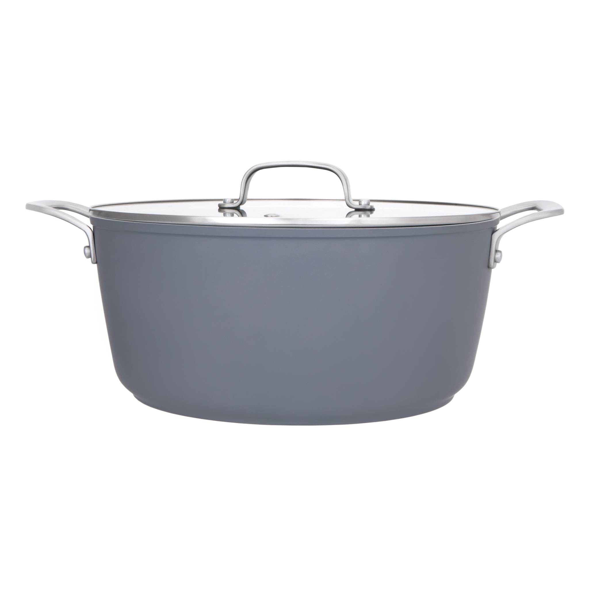 Ein grauer Topf mit Metallgriff und transparentem Deckel, geeignet zum Kochen von Eintöpfen oder Suppen, vor einem einfachen Hintergrund präsentiert.