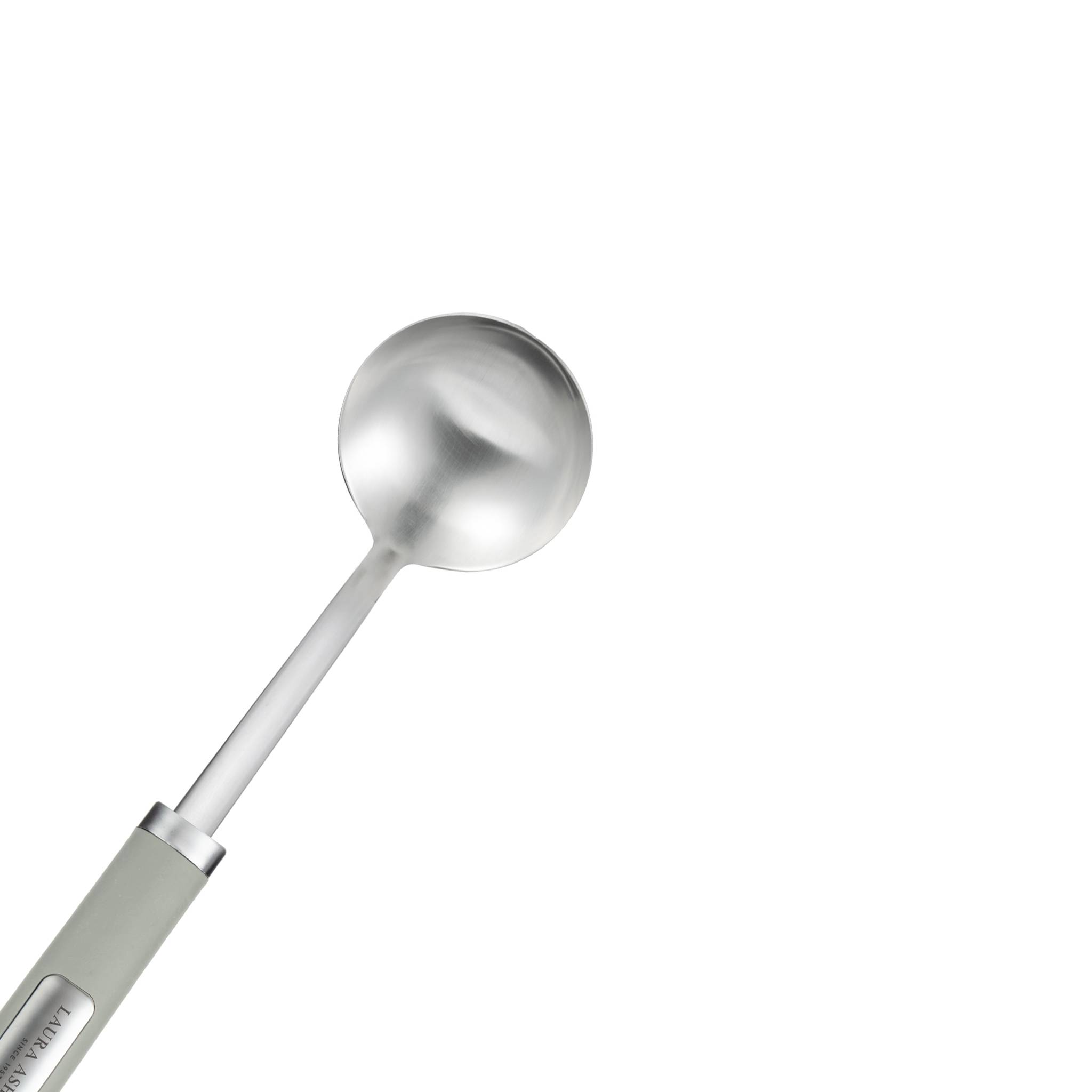 Ein silberner Eiskremschaufel mit grauem Griff, entwickelt für leichtes Portionieren von gefrorenen Desserts.