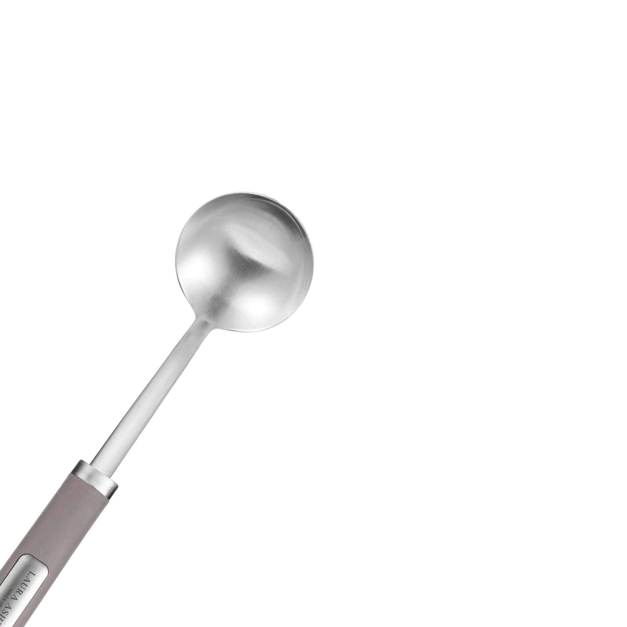 Eine Schöpfkelle mit einer runden, metallischen Schaufel und einem beigen Griff, freigestellt auf weißem Hintergrund.