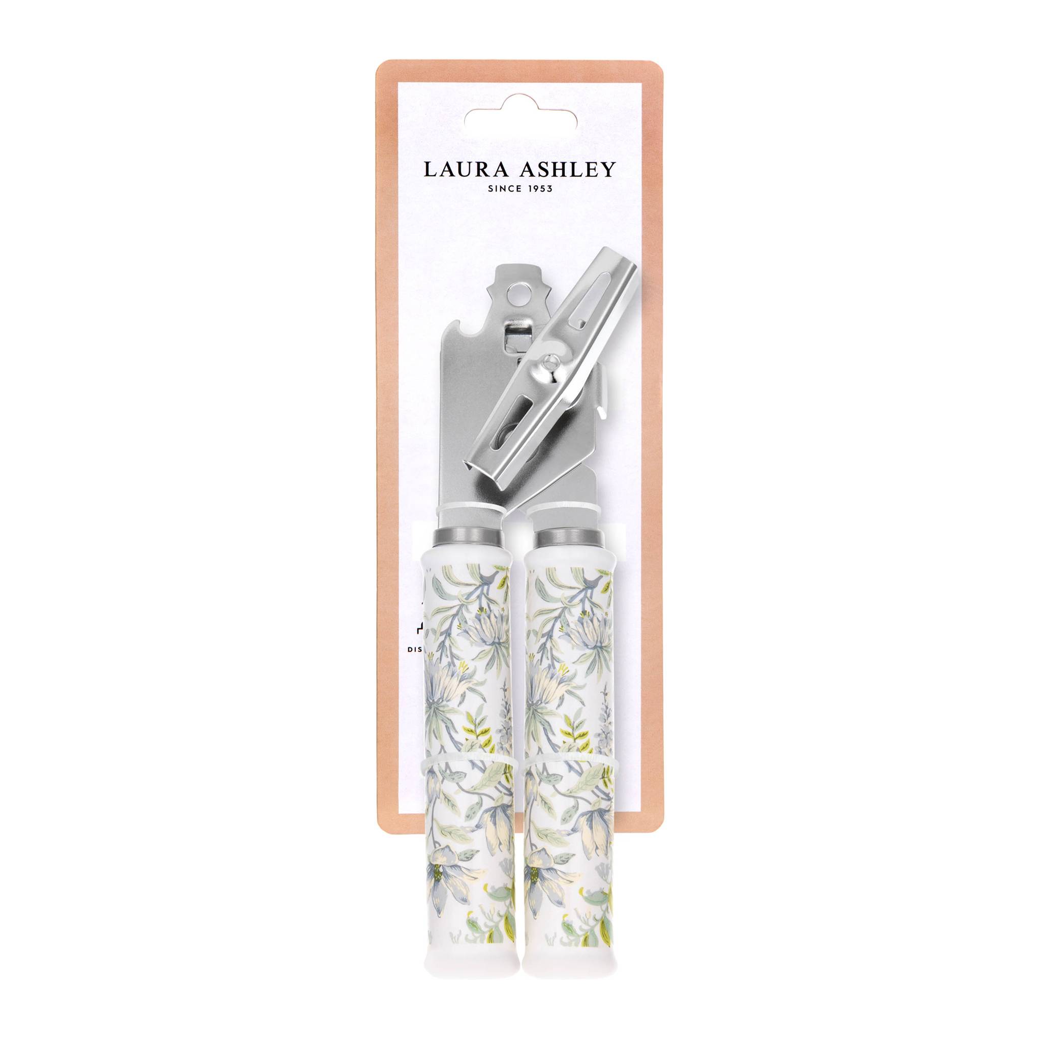 Dosenöffner mit Blumendruck-Griffen, verpackt in Laura Ashley Markenkarton.