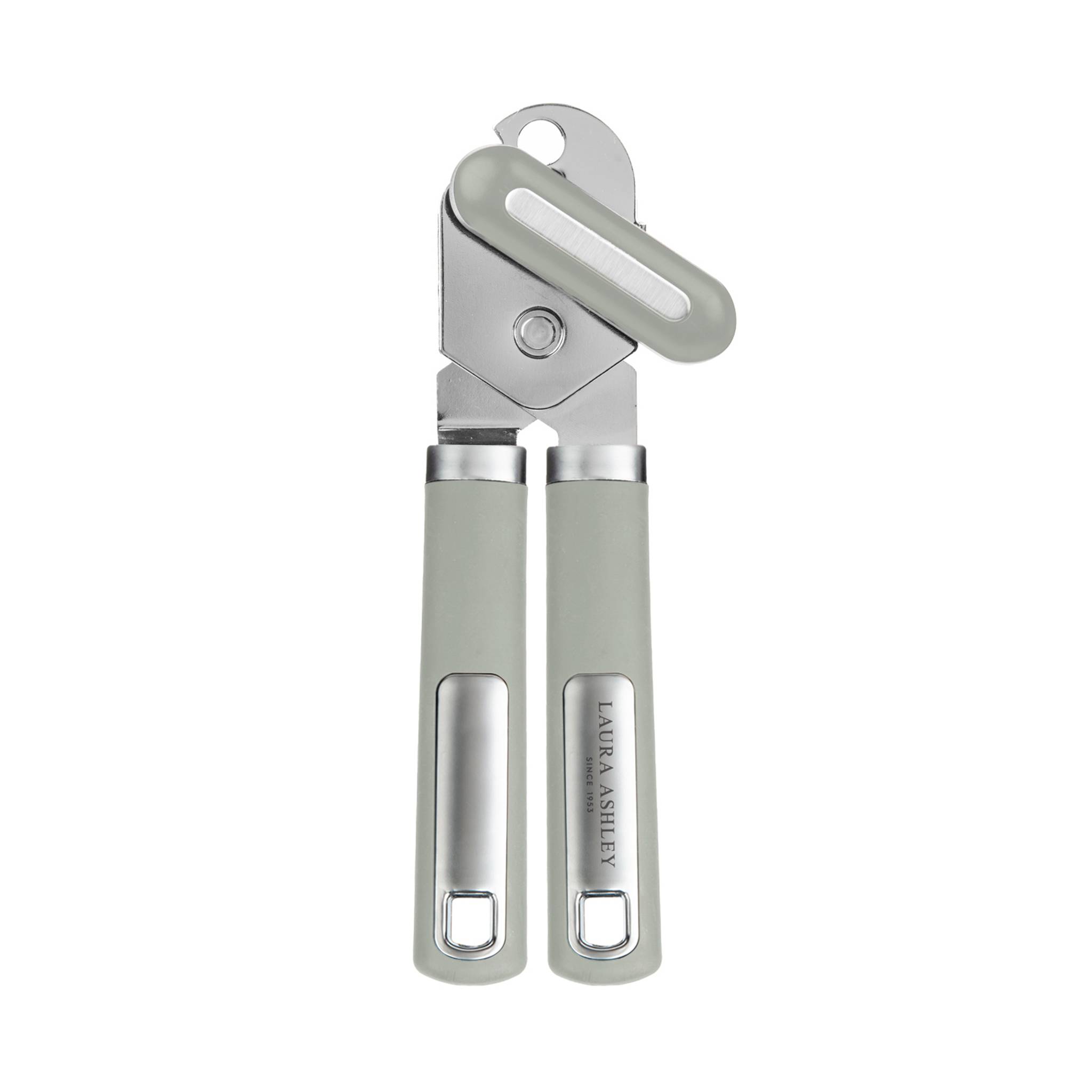 Ein grauer manueller Dosenöffner mit Metallgriffen und rotierendem Blattmechanismus, konstruiert für einfache Handhabung.