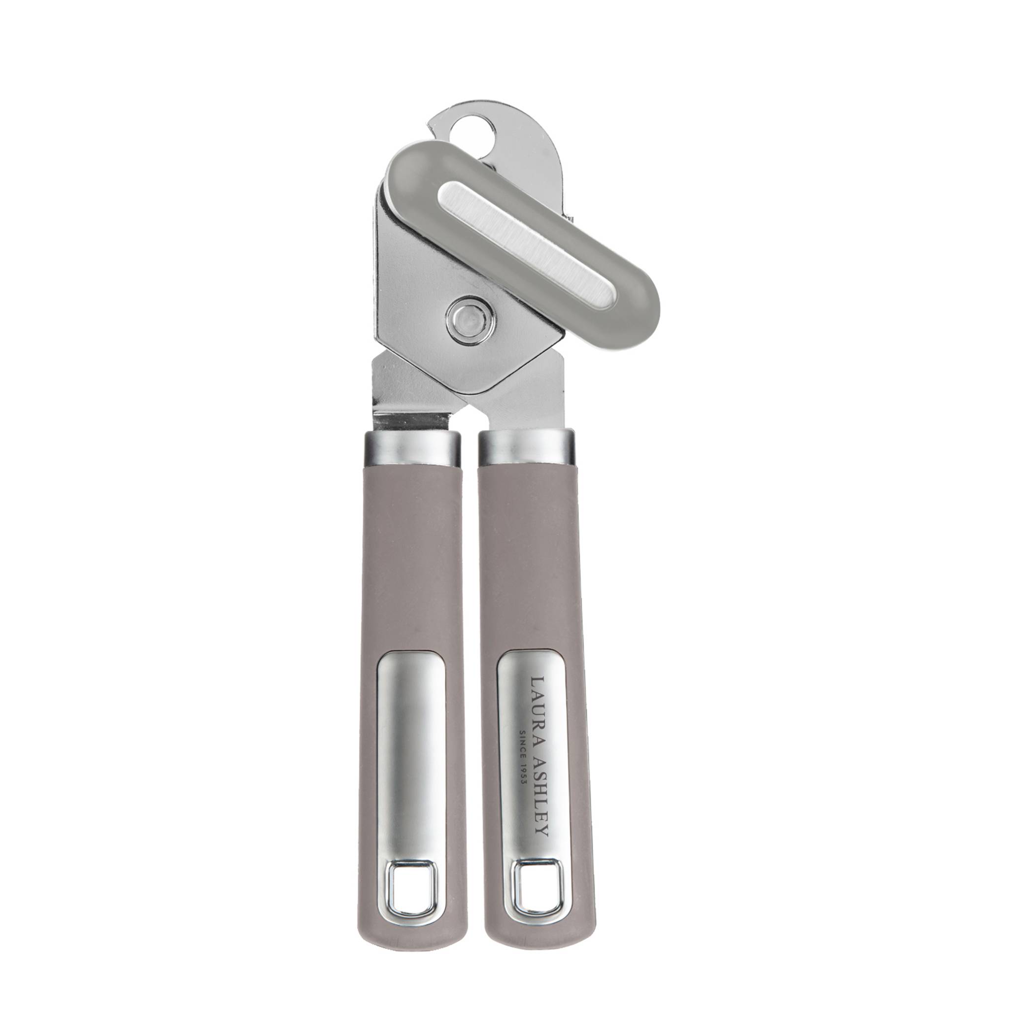 Ein silberner und grauer manueller Dosenöffner mit gummierten Griffen, die für einen komfortablen Griff ausgelegt sind, gezeigt auf weißem Hintergrund.