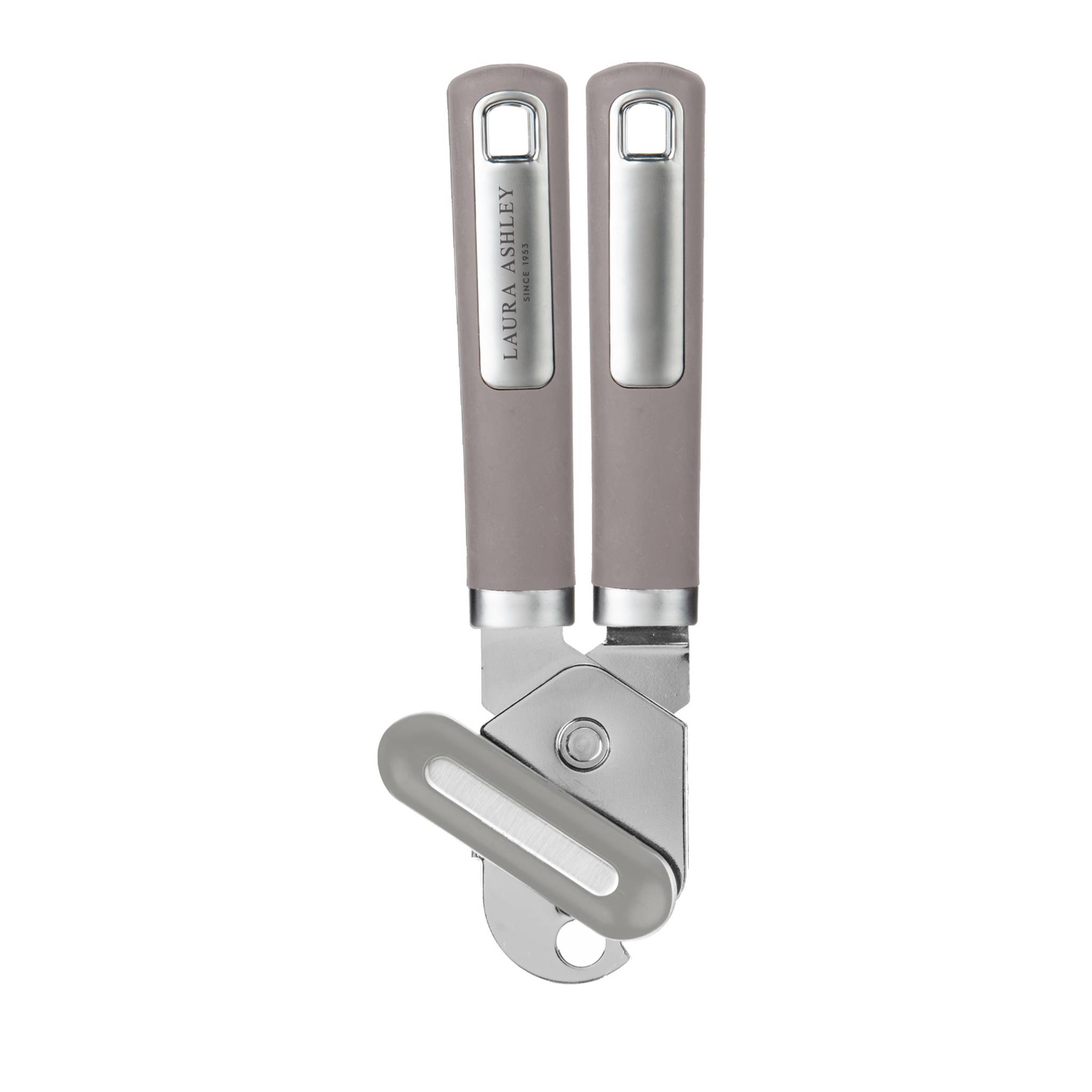 Ein grauer Dosenöffner mit Griff aus Edelstahl, mit Drehknopf und Schneidrad zum Öffnen von Blechdosen.