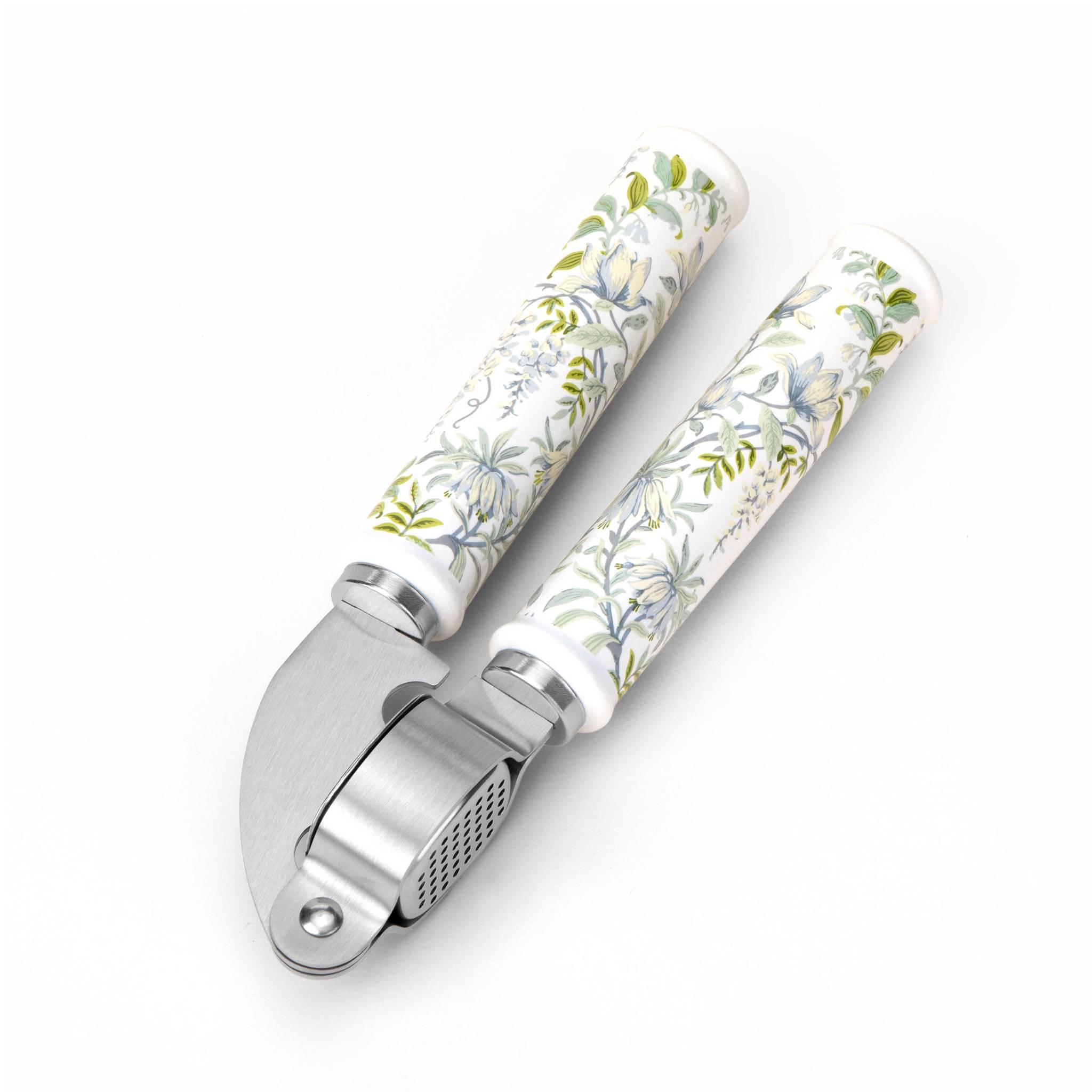 Eine Knoblauchpresse aus Metall mit blumig gemusterten Griffen, entwickelt für einfache Anwendung und ergonomischen Halt.