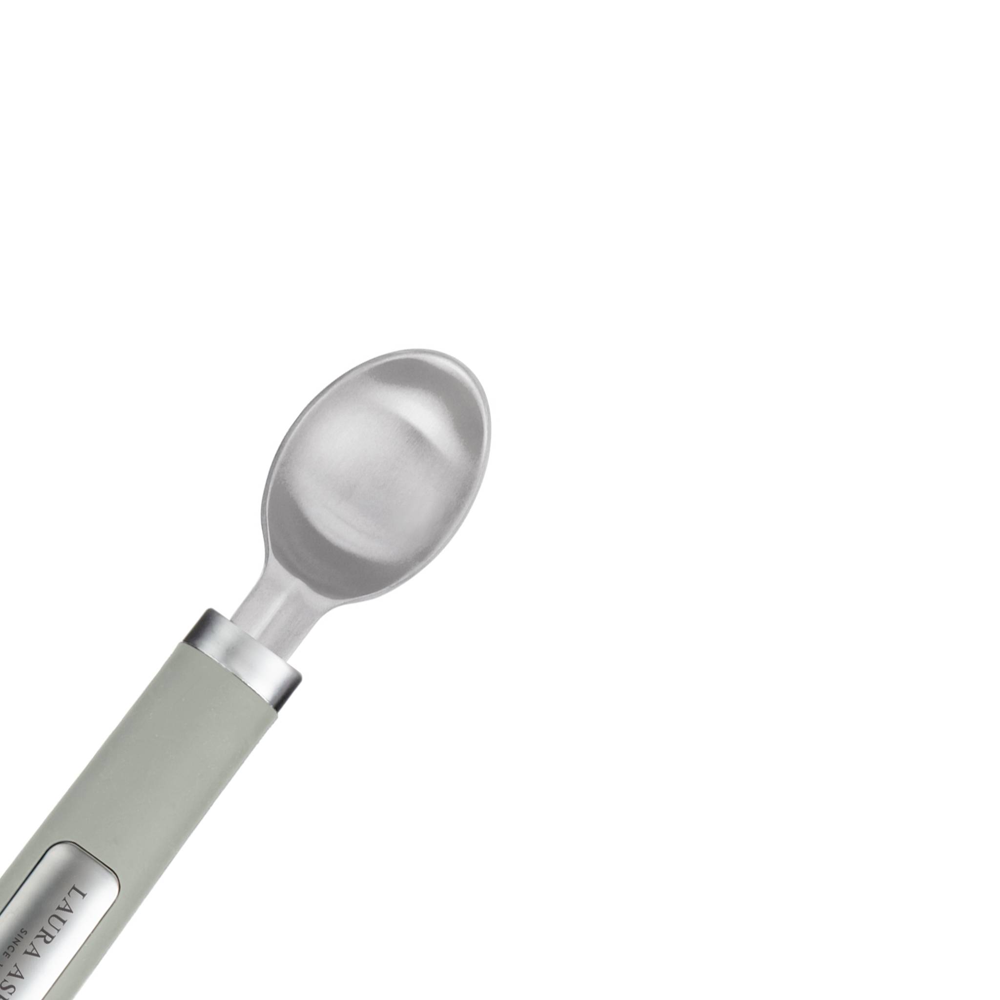 Ein silber- und graufarben Eiscreme-Löffel mit flacher Kante und ergonomischem Griff.