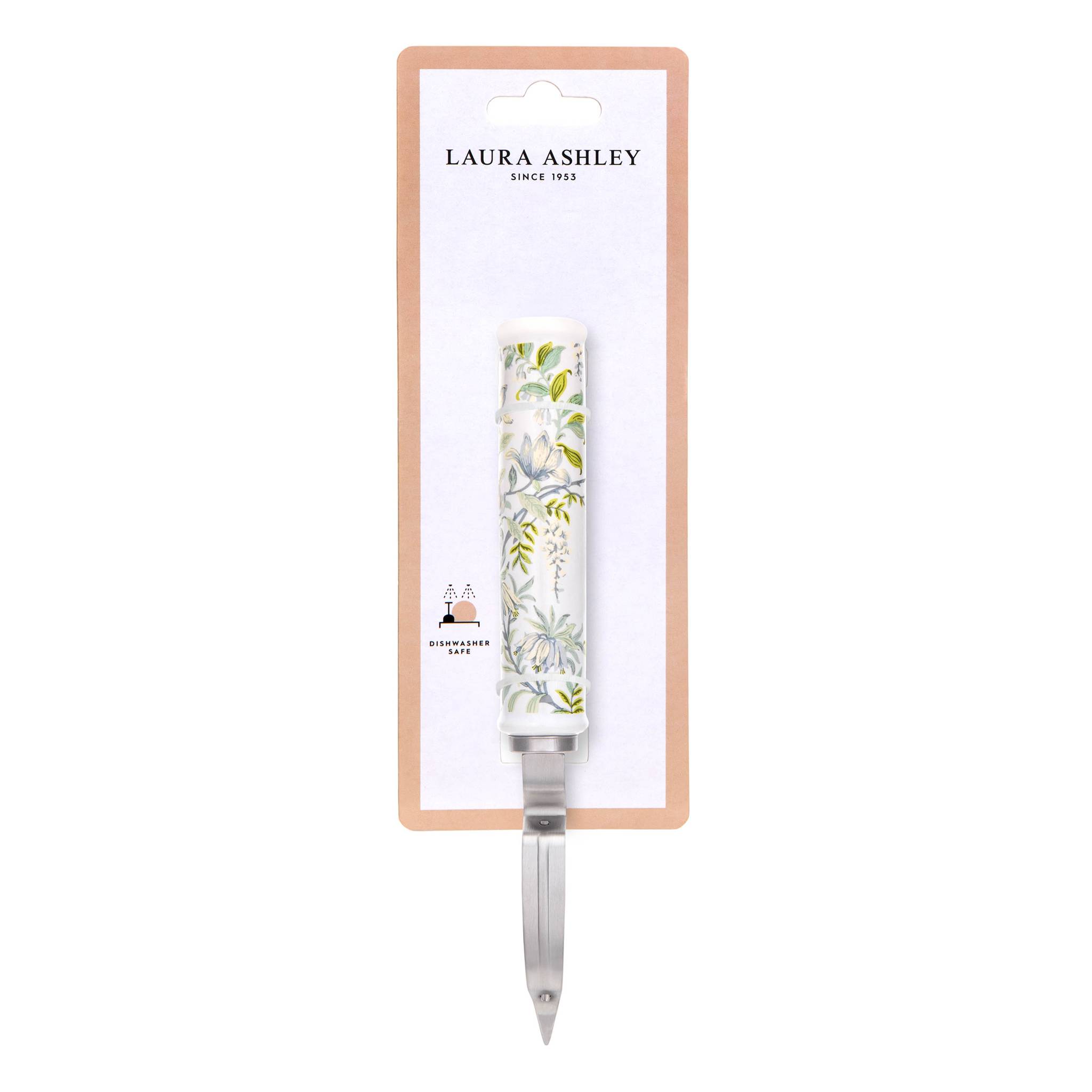 Eine Gartenkelle mit einem Griff mit Blumenmuster in ihrer Verpackung, mit der Aufschrift „Laura Ashley Since 1953