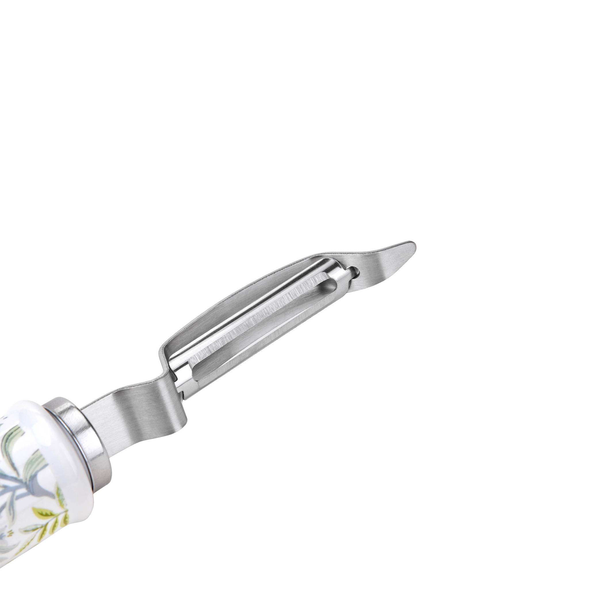 Ein Gemüseschäler aus Edelstahl mit einem Griff in Blumenmuster, entwickelt zum effizienten Schälen von Obst und Gemüse.