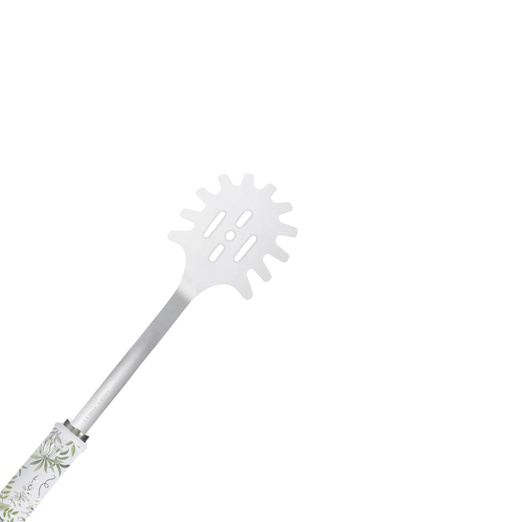 Ein Spaghettiserver mit einem weiß-grün gemusterten Floralgriff, mit einem gezinkten und geschlitzten Design zum Servieren von Pasta.