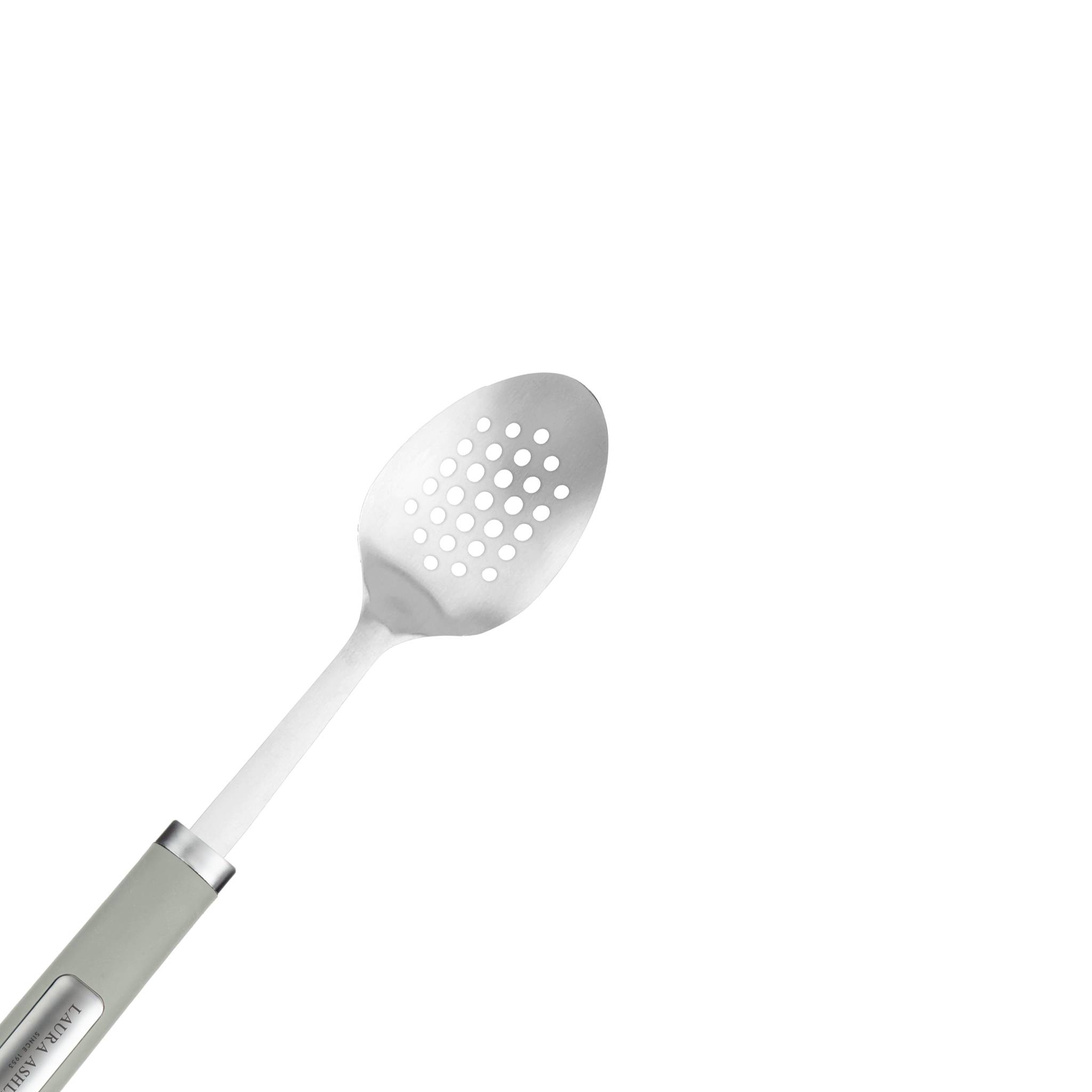 Weiß gelöffelter Löffel mit grauem Griff vor einfachem Hintergrund.