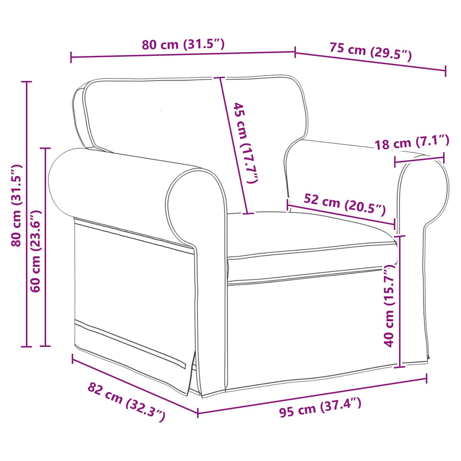 Diagramm eines Sessels mit Abmessungen: Breite 80 cm (31,5