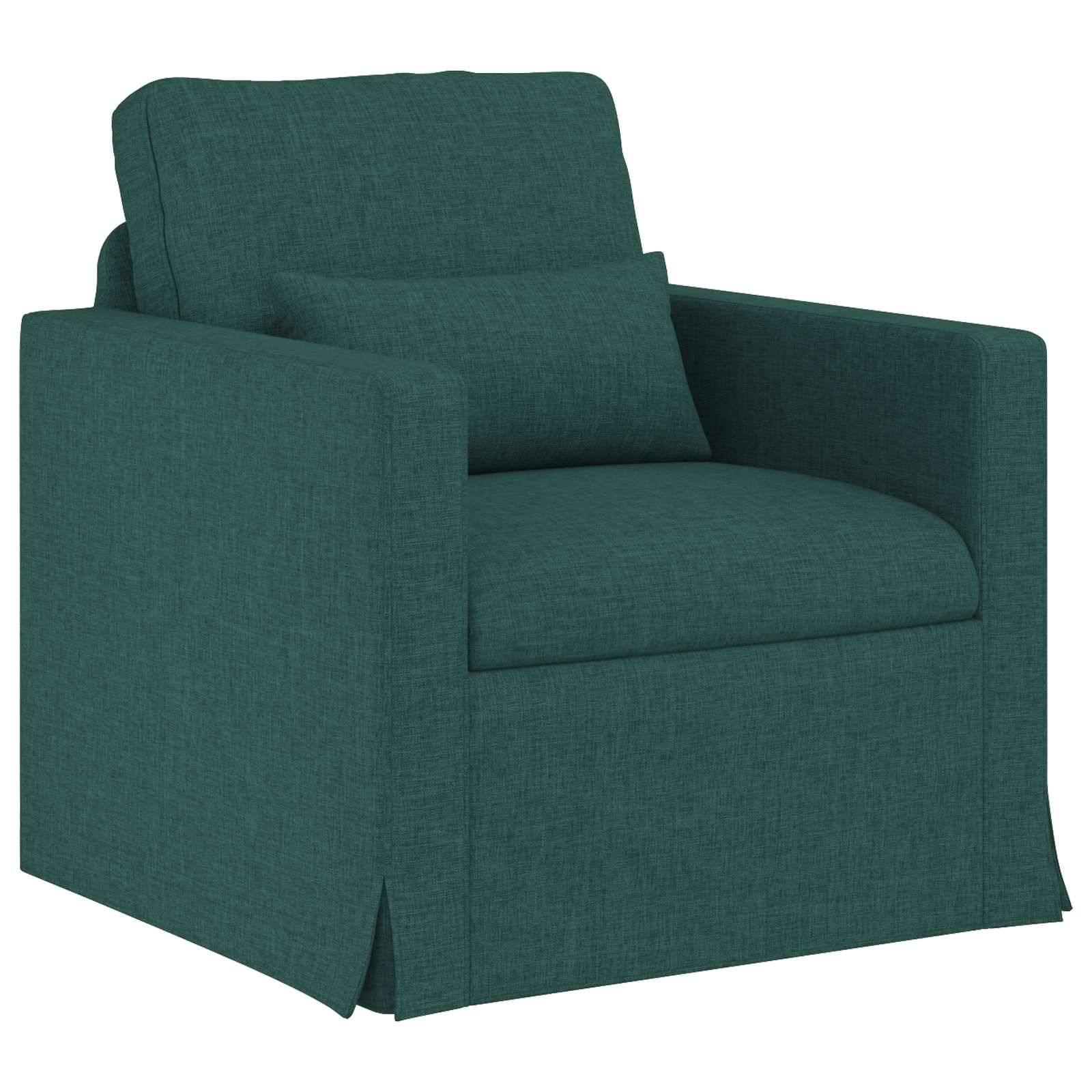 Ein quadratischer gepolsterter Sessel in Teakstoff mit passendem Kissen, mit gesäumtem Sockel und klaren Linien für ein modernes Aussehen.