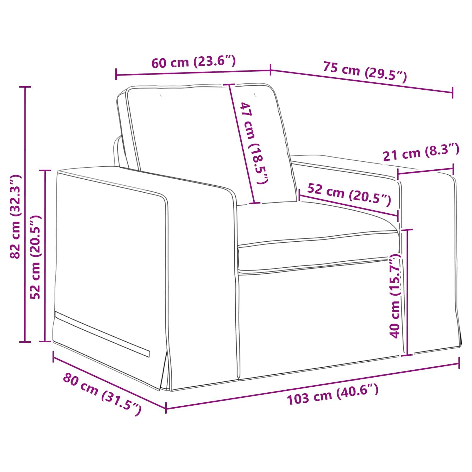 Ein Diagramm eines Sessels mit Abmessungen: Höhe 82 cm, Breite 80 cm, Tiefe 103 cm. Detaillierte Abmessungen von Sitz und Armlehnen enthalten.